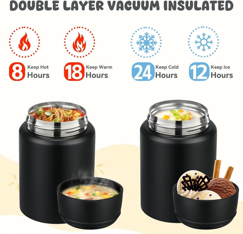 Aimsnk 17oz Soup Thermo for Hot Food Kids Insulated Food Jar,Thermo Hot Food Lunch Container, Width Mouth Stainless Steel Lunch Box for Kids with Handle Folding Spoon(Black-Pure) - Image 4